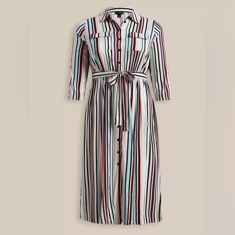 Torrid Midi Stretch Challis Button Front Shirt Dress Multi Stripe